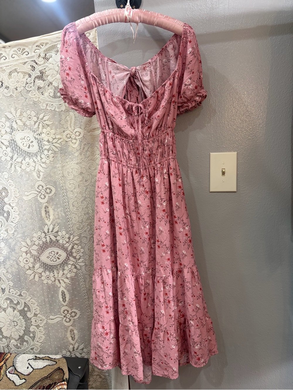 Liberty Love Pink Floral Midi Dress with Puff Sleeves and Tie Back